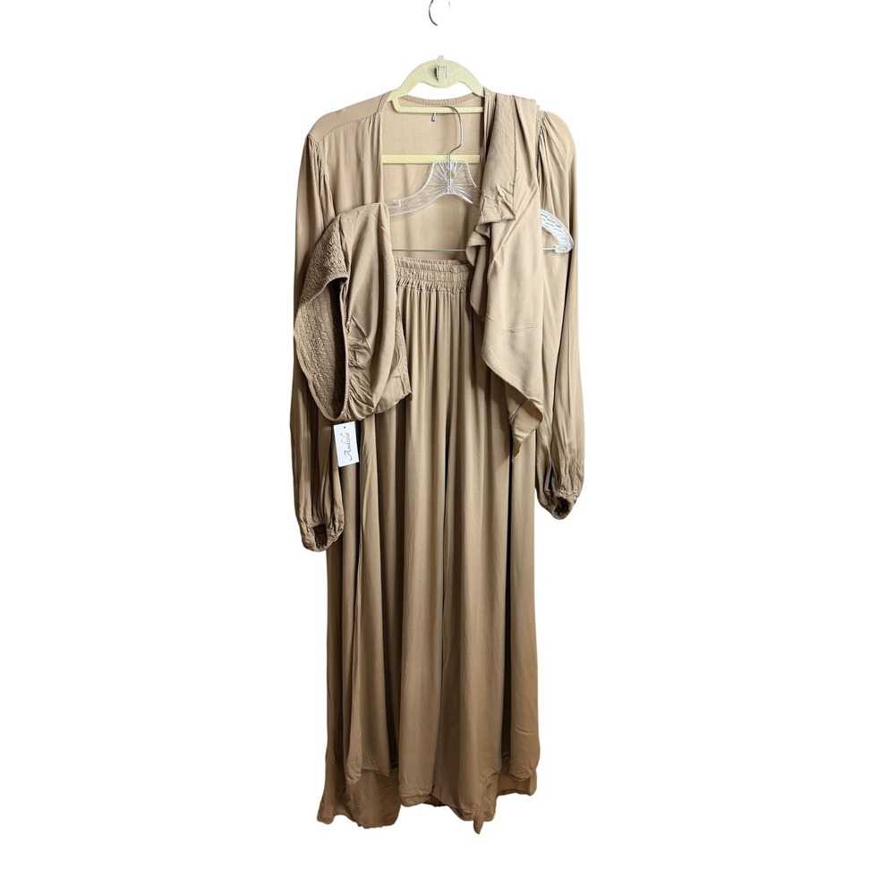 Andzela Italy 4Piece Set Duster Palazzo Pants Bandeau Headwrap Tan Viscose NEW M - Picture 2 of 11